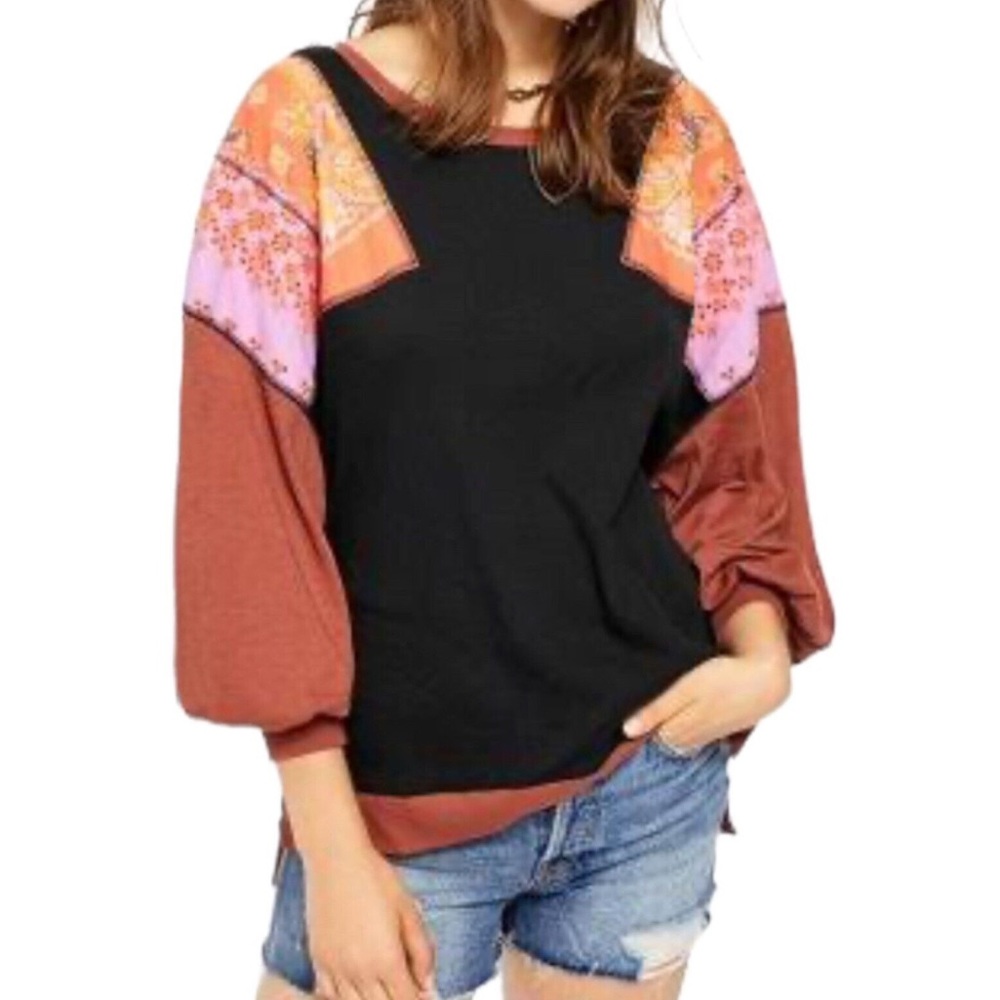 SOLD♏️Free People We The People Feelin It Patchwork Ballon Sleeve Top Size M - Picture 1 of 12